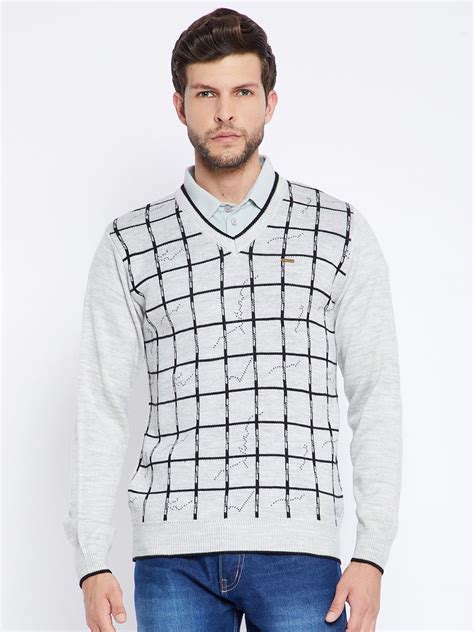Livfree Men's Full Sleeves V-Neck Check Sweater - Light Grey – Neva ...