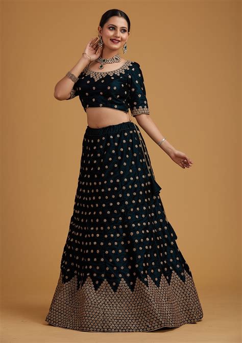 Buy Peacock Blue Zariwork Velvet Semi Stitched Lehenga - Koskii