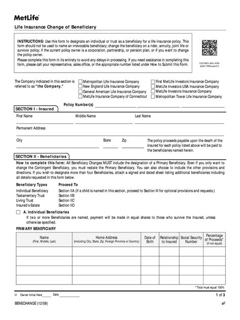 Life Insurance Beneficiary Change Form - Blank Fillable Template | Fill ...