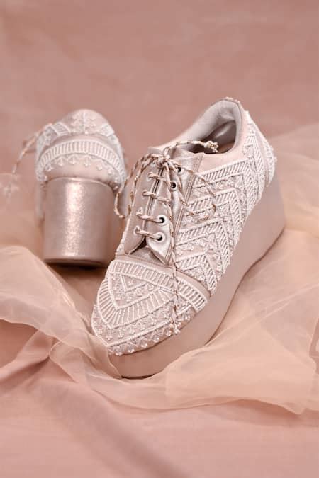 Buy Ivory Bead Heer Geometric Embroidered Sneakers by AROUND ALWAYS ...