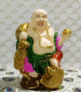 Sawcart Laughing Buddha Statue Holding Ingot Gold Coins & Fish Good ...