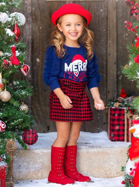 "Merry Christmas" Plaid Skirt Set - Mia Belle Girls