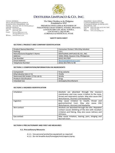 SDS - Ethyl Alcohol 70 - 1.0L - Pet Bot | PDF