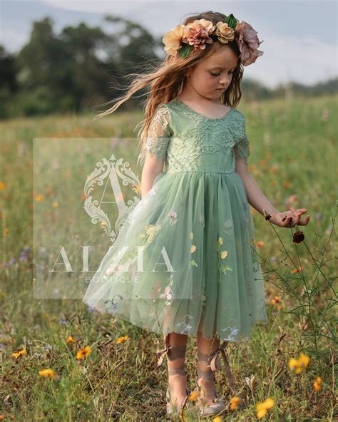 Sage Green Knee Length Flower Girl Dress – Choose Sleeve Style | Alzia ...