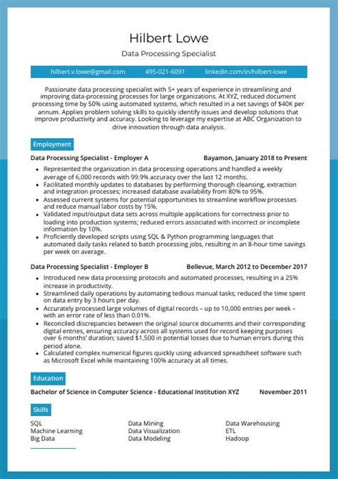 Image result for Data Processing Resume Examples