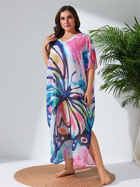 SHEIN Swim Curve Plus Size Butterfly Print V-Neck Tie Front Loose Flowy ...