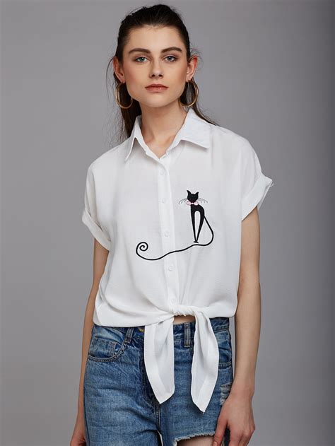 Berrylush Women Solid White Spread Collar Neck Cat Embroidered Waist T