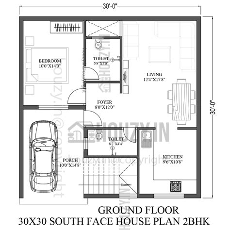 30x30 house plans south facing | 2BHK south facing house plan | HOUZY.IN