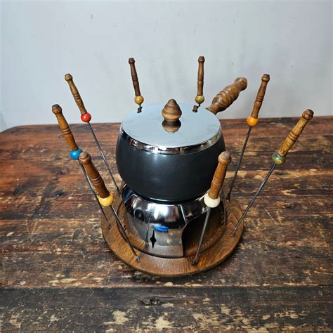 Vintage Fondue Pot Set With 8 Forks Wood Base Japan - Etsy