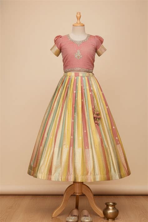 Multicolor Silk Embroidered Pattu Pavadai with Puff Sleeves For Girls ...