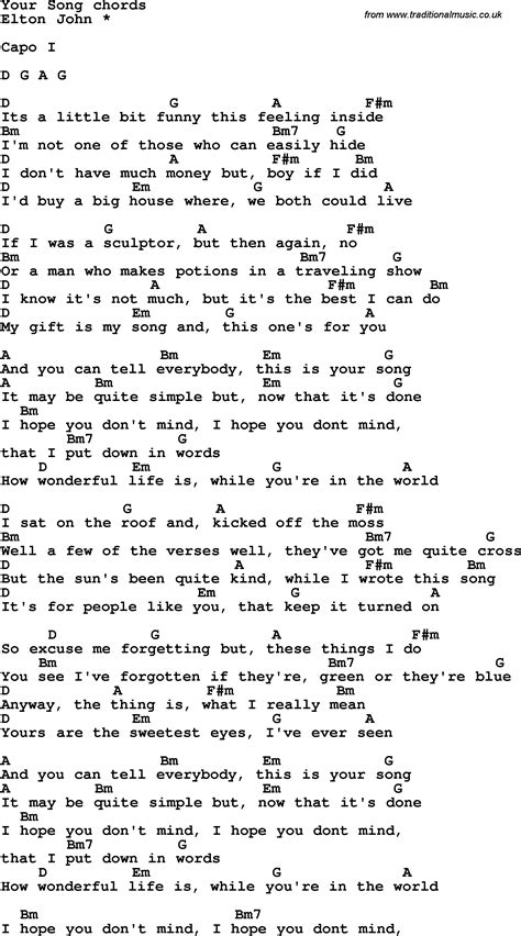 Song lyrics with guitar chords for Your Song