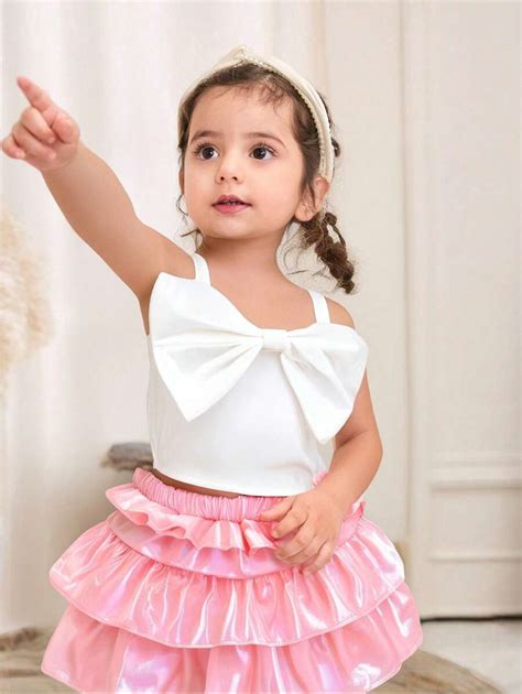 Baby Girl Solid Color Bow Decorated Suspender Multi-Layer Skirt Set ...