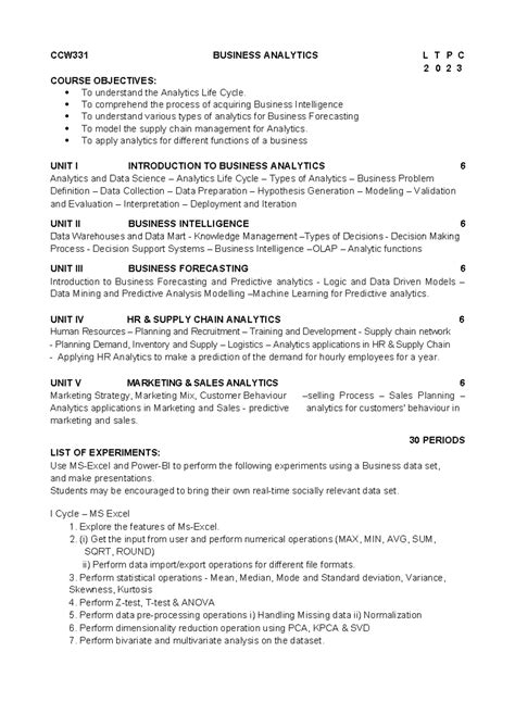CCW331 Business Analytics Syllabus: Course Objectives & Units - Studocu