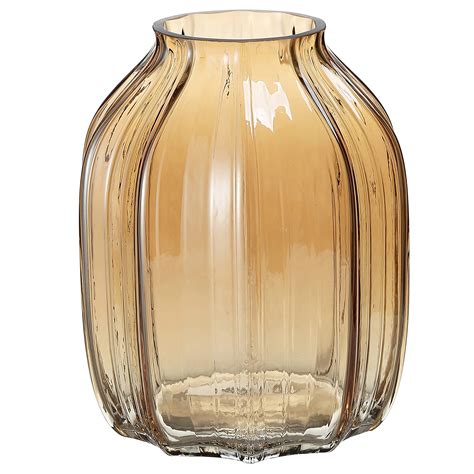 Large Amber Glass Vase for Flowers Ribbed Tall Gold Floor Vase 21cm ...