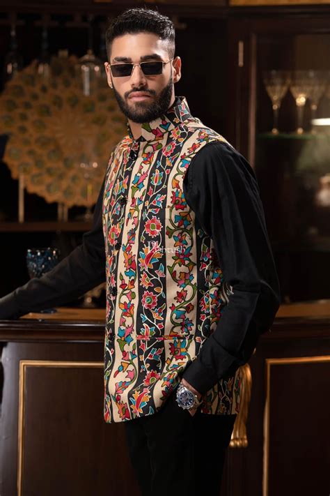 Pashtush Mens Hand Embroidered Sleeveless Jacket, Kalamkari Waistcoat ...