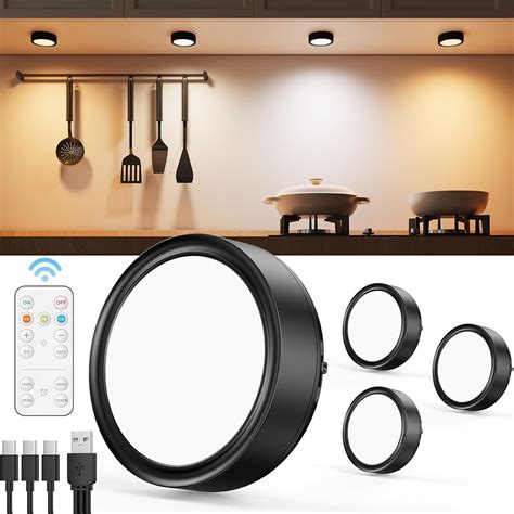 Rechargeable Puck Lights with Remote Control, 2400mAh Battery Operated Under Cabinet Press ...