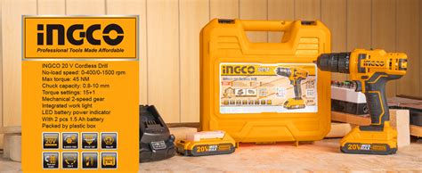 INGCO 20V Cordless Drill, 15+1 0.8-10mm 45NM 2-speed Gear, 0-400/0-1500 ...