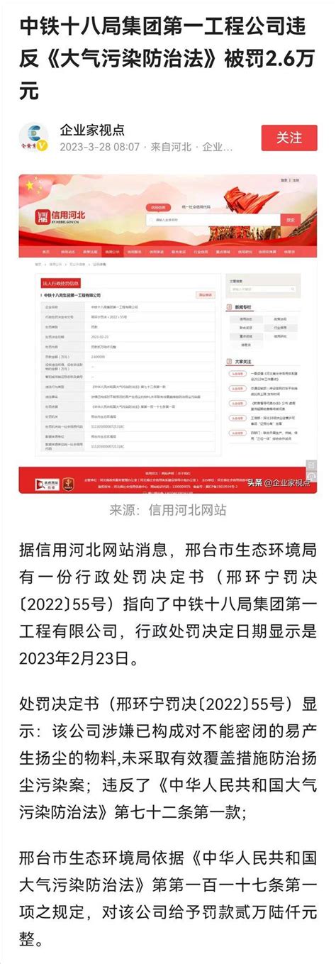 邢台123：中铁十八局集团第一工程公司违反《大气污染防治法》被罚2.6万元