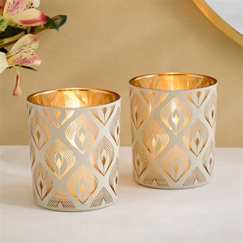 Buy Tamaira Set of 2 Glass Peacock Feather Pillar Candle Holders from ...