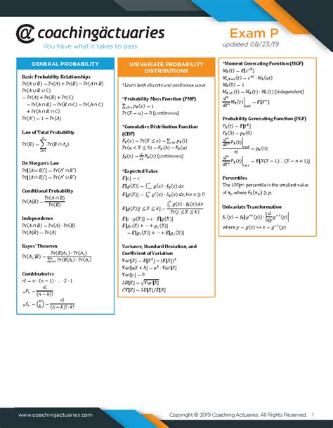 P+Formula Sheet for SOA Exam P: Key Probability Concepts - Studocu