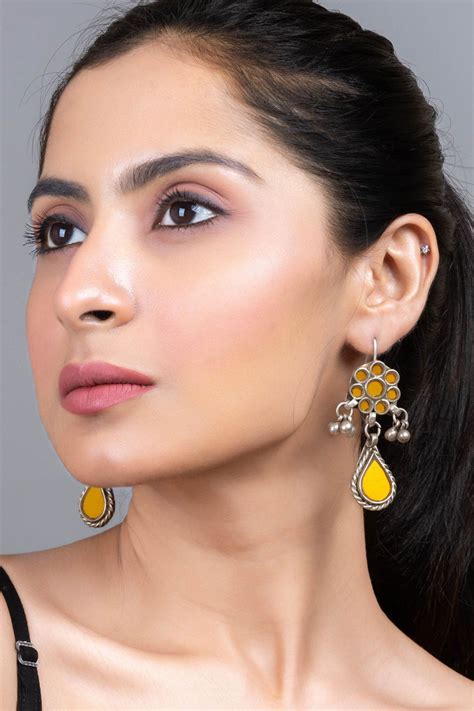 Mustard Yellow Ghungroo Silver Afghan Replica Dangler Earrings with ...