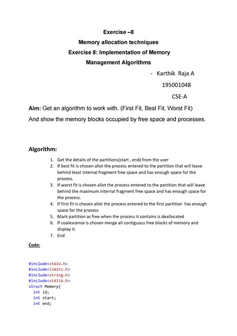 Operating System Lab Assignment 8 - Exercise – 8 Memory allocation ...