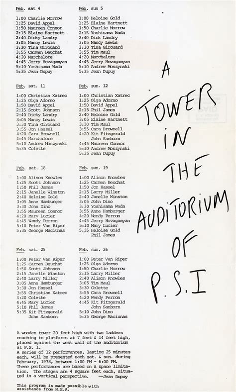 Gallery 98 | Jean Dupuy, A Tower in the Auditorium of P.S. 1, Schedule ...