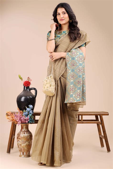 Beige Saree in Cotton Silk with Heritage Inspired Zari Woven Accents