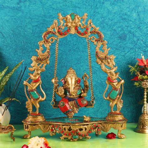 Brass Ganesha Swing Rings Natural Stones 18 Inch | Budhshiv.com