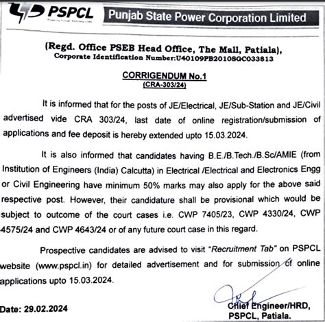 PSPCL JE Recruitment 2024, Apply Online Link Extended till 15 March