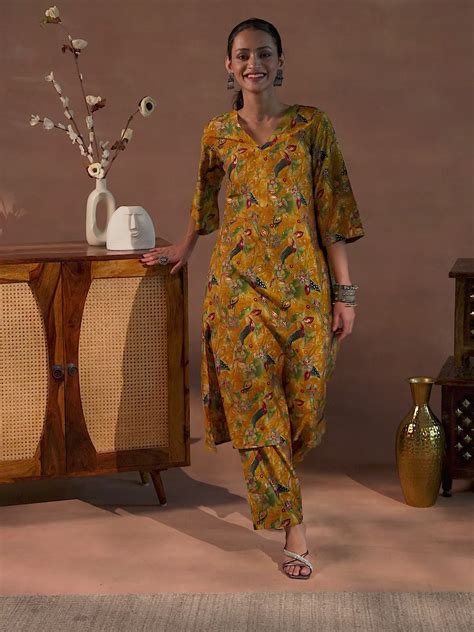 Buy Mustard Printed Silk Blend Co-Ords Online at Rs.799 | Libas