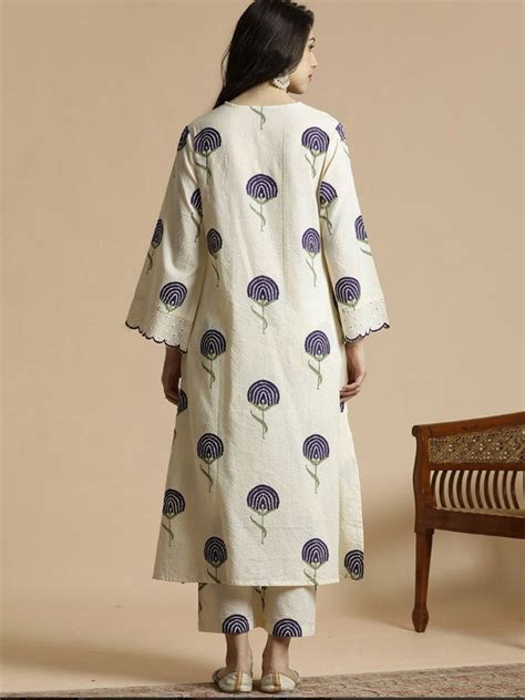 Blue Cotton Kurta Palazzo Set with Floral Print & Bell Sleeves ...