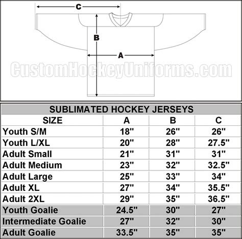Sublimated Hockey Jersey Size Chart – CustomHockeyUniforms.com