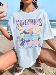 INAWLY Women Vacation Beach Sea View Letter Print Drop Shoulder Loose ...