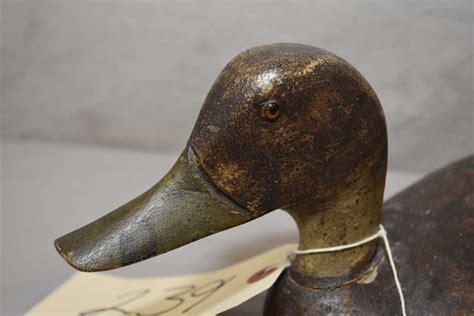 Antique hand carved wooden duck decoy with glass eyes, 12 1/2" in ...