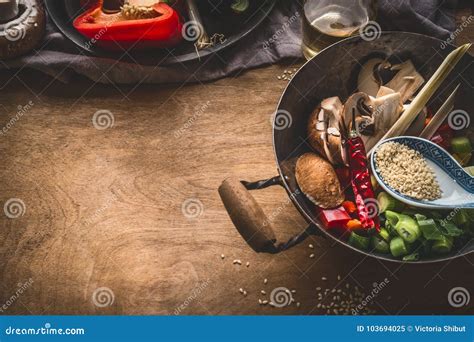 Wok Pot with Vegetarian Asian Cuisine Ingredients for Stir Fry with ...