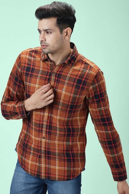 Tan Checked Casual Full Sleeves Shirt Collar Men Slim Fit Casual Shirts ...