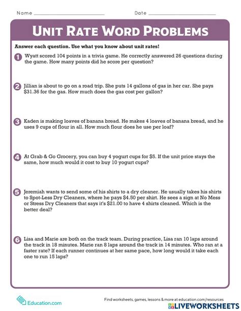 Image result for Unit Rate Math Worksheets