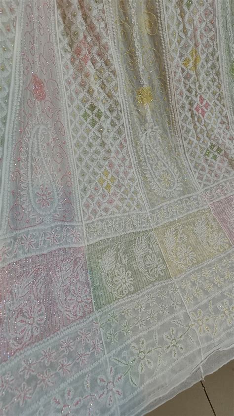 White Chikankari and Multicolored Cut Dana and Pearl Work Anarkali