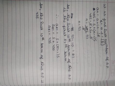 Find the 10th term from the end of an ap 5,10,15.......485 - Brainly.in