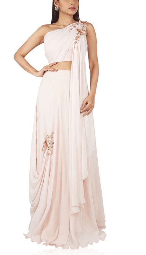 Baby Pink Crop Top Skirt With Drape – Masumi Mewawalla