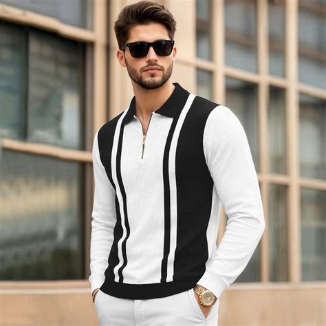 Colorblocked Quarter Zip Polo Neck Vertical Striped Full Sleeve T-shir ...