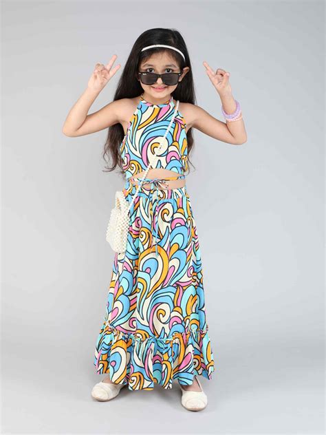 colorful printed halter neck waist tie up ethnic crop top and matching ...