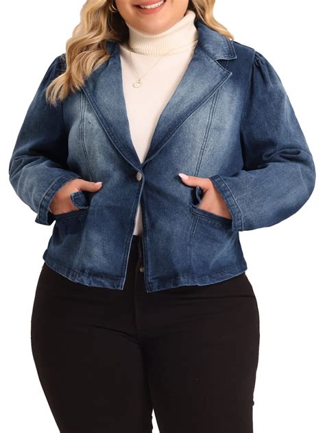 Unique Bargains Women's Plus Size Denim Jackets Jean Notched Lapel Work ...