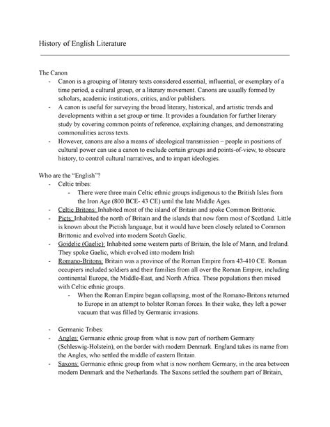 ENGL 200 - Week 1 - N/A - History of English Literature The Canon - Canon is a grouping of ...