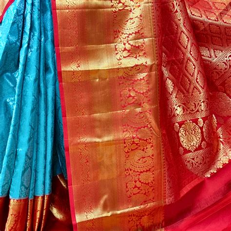 Sky Blue and Red Kanjeevaram Silk Saree – Prasannalakshmisilks