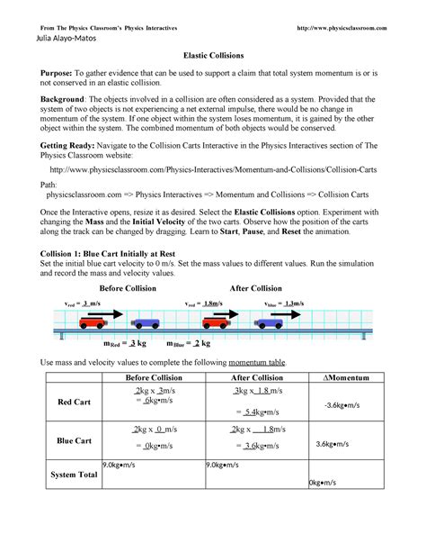 Activity Elastic Collisions - From The Physics Classroom’s Physics ...