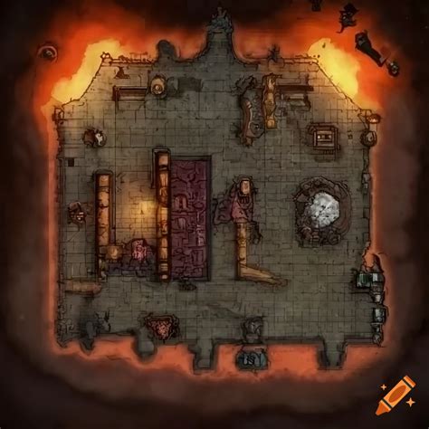 Battle map view of a warlord's hideout on Avernus, the first layer of hell on Craiyon