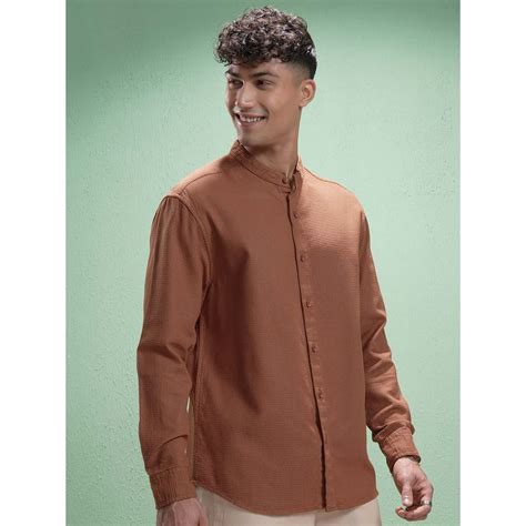 Buy HIGHLANDER Men Rust Dobby Textured Mandarin Collar Relaxed Fit ...