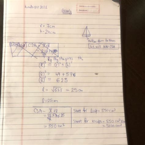 A joker's cap is in form a right circular cone of base radius 7 cm and ...